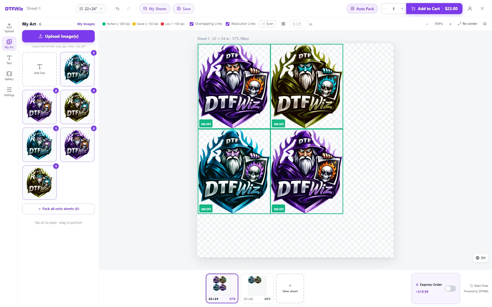 The gang sheet builder with artwork placed on a live sheet