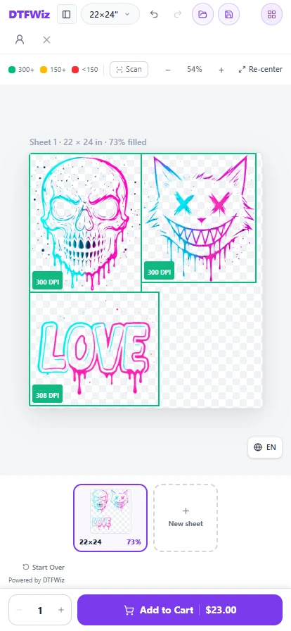 The gang sheet builder on a phone, with three designs on a sheet and an Add to Cart bar