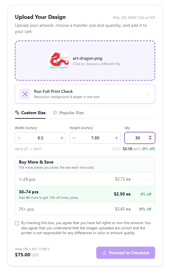 Transfer by Size product page with quantity discount tiers