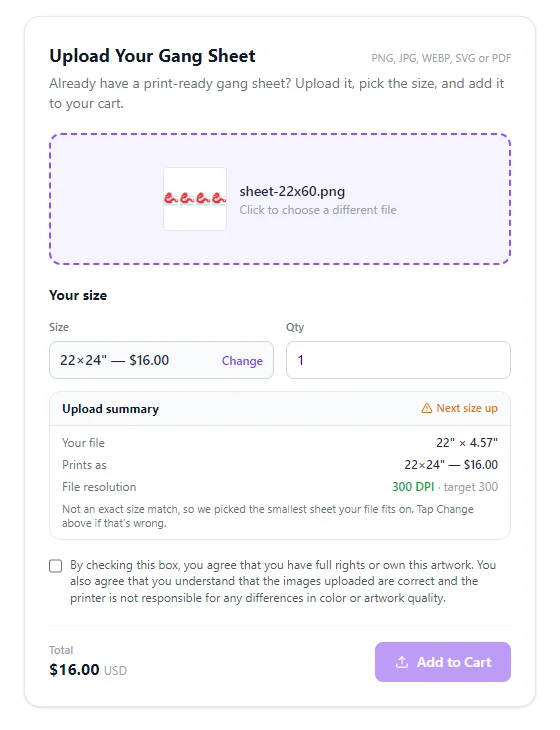 Upload a gang sheet with the size detected automatically from the file